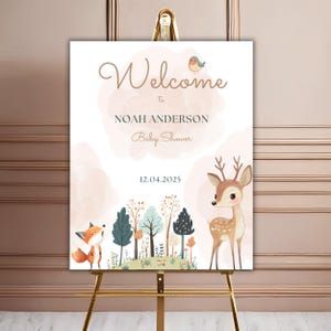 Bos schattige herten en vossen Babyshower welkomstbord sjabloon, bos dier babyshower welkomstbord bewerkbaar, babyshower canvas sjabloon