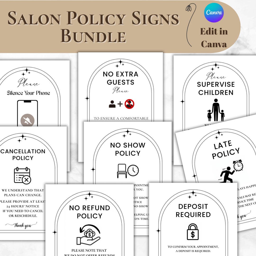 Salon Policy Signs Bundle Editable in Canva, Beauty Salon Rules ...