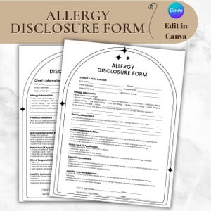 Könnte beinhalten: Zwei weiße Allergie-Offenlegungsformulare mit schwarzem Text. Die Formulare enthalten Abschnitte für Kundeninformationen, Allergiedetails und Bestätigungen. Das Canva-Logo und der Text "Edit in Canva" befinden sich in der oberen rechten Ecke.