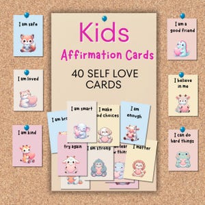Cute animal with heart Affirmation Cards for Kids, 40 Printable Positive Cards, Kids Lunchbox notes, Classroom decor, Self Esteem Cards