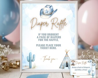Little Cowboy Diaper Raffle Card & Sign template, Baby shower Diaper Card, raffle tickets, Printable Editable, Cowboy baby shower