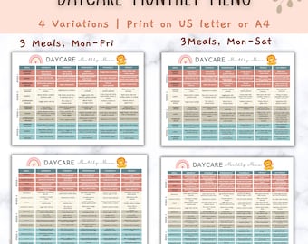 May include: Four printable daycare monthly menu templates with different meal options. The templates feature a rainbow, a lion, and the text "DAYCARE Monthly Menu".