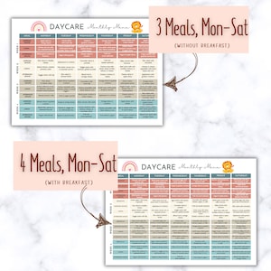 May include: A printable daycare menu template with a colorful rainbow and lion illustration. The menu includes meal options for breakfast, lunch, snacks, and dinner for a week. The menu is designed for 3 meals a day (without breakfast) and 4 meals a day (with breakfast).