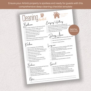 May include: A printable cleaning checklist template for Airbnb hosts. The checklist is divided into sections for the bathroom, kitchen, bedroom, entryway/hallway, dining area, living room, and general areas. Each section includes a list of cleaning tasks to ensure a spotless property for guests.