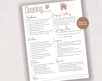 May include: A printable cleaning checklist template for Airbnb hosts. The checklist is divided into sections for the bathroom, kitchen, bedroom, entryway/hallway, dining area, living room, and general areas. Each section includes a list of cleaning tasks to ensure a spotless property for guests.
