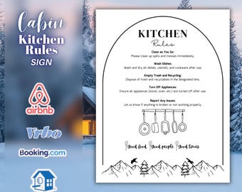 Airbnb Kitchen Rules Sign Canva Template, Rustic Cabin Kitchen Decor, Minimalist Vacation Rental Signs