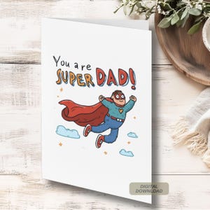 Cartão de Dia dos Pais Super Pai | Cartão para impressão DIY para o pai | Cartão de pai herói engraçado para download instantâneo | Cartão comemorativo digital
