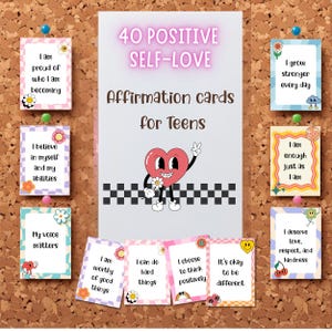 Retro Groovy Teen Affirmation Cards – 40 Printable Positive Quotes for Teens, Teen affirmations – Mental Health, Self love cards for teens