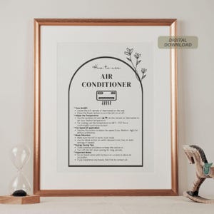 Op de afbeelding: Zwart-witte printbare gids met bloemmotieven op een witte achtergrond. De gids heeft de titel "Hoe een airconditioner te gebruiken" en bevat instructies voor het in- en uitschakelen van de airconditioner, het instellen van de temperatuur, het aanpassen van de ventilatorsnelheid en energiebesparende tips.