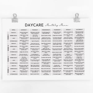 Daycare Monthly Menu Template, Minimalist Theme Printable Meal Planner ...