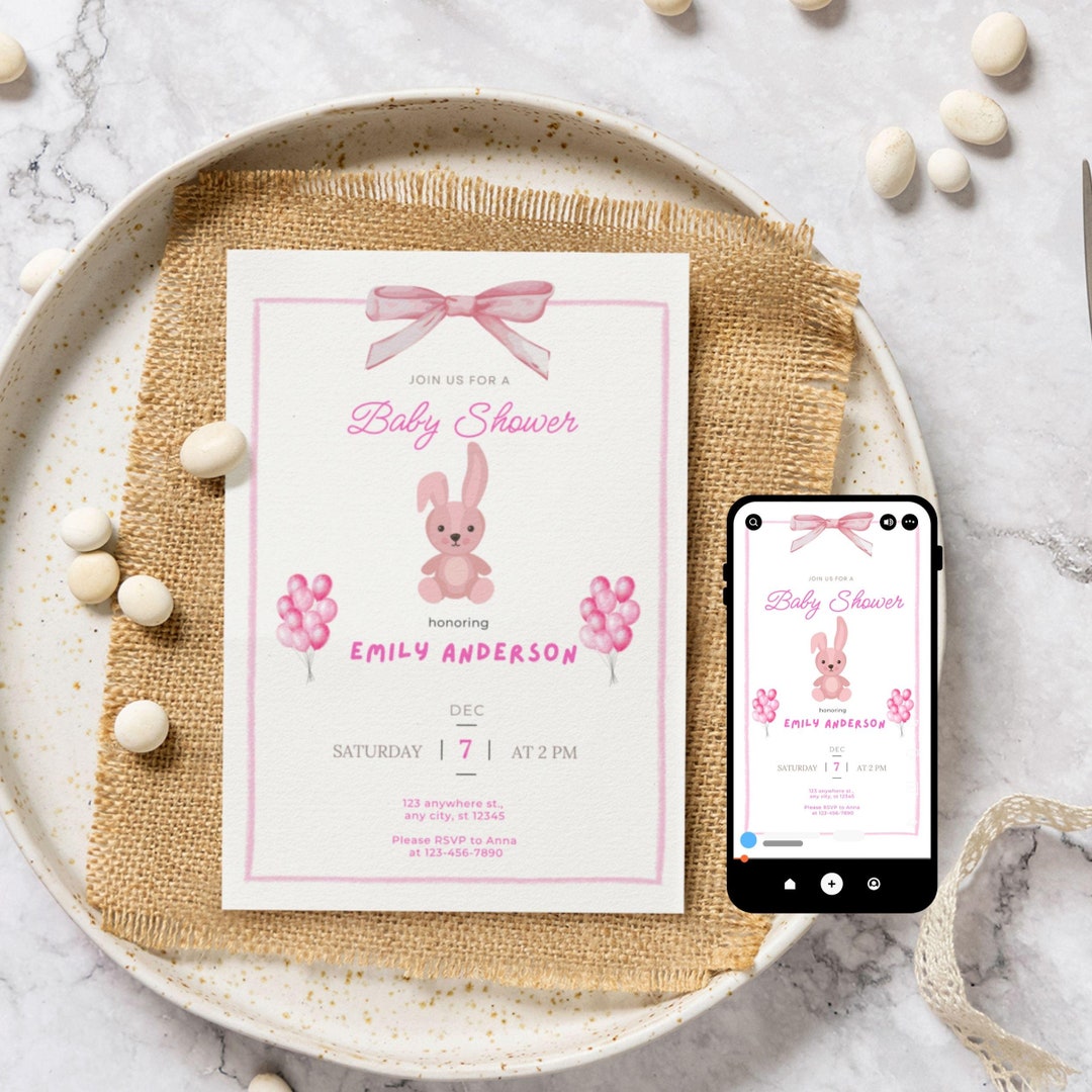 Editable Baby Shower Invitation Template | Pink Bunny Theme | Cute Pink ...
