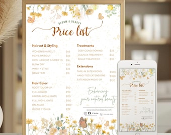 Boho Floral Stylist Menu Template | Editable Canva Price Sheet for Beauty Studio | Hair Salon Price List