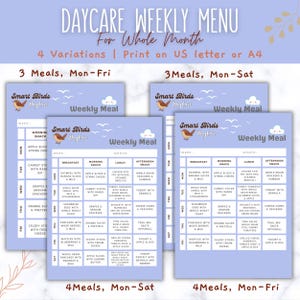 Daycare Menu Template, Printable Meal Planner for Kids, EDITABLE Printable weekly Menu, Meal planning Canva template, Whole Month kids menu