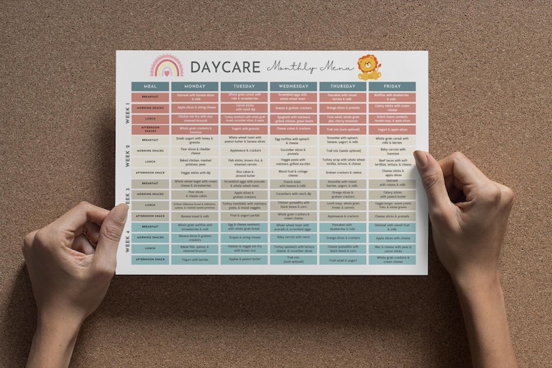 May include: A printable daycare monthly menu chart with a rainbow and a lion graphic. The chart lists meals for breakfast, lunch, and afternoon snack for each day of the week.
