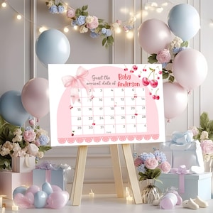 Calendrier de naissance cerise, jeu de douche de bébé, anniversaire de bébé devinez imprimable, thème noeud cerise et rose, modèle de toile éditable