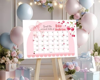 Peut inclure: Calendrier de fête prénatale rose et blanc avec un nœud rose et des cerises. Le calendrier est intitulé "Devinez la date d'arrivée de bébé Anderson" et comporte les dates de mai et juin.