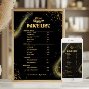 Può includere: Un listino prezzi incorniciato di Glow & Beauty Hair Studio, con un listino prezzi corrispondente visualizzato su uno smartphone. Il listino prezzi presenta categorie come tagli di capelli, colore dei capelli, trattamenti ed extension.