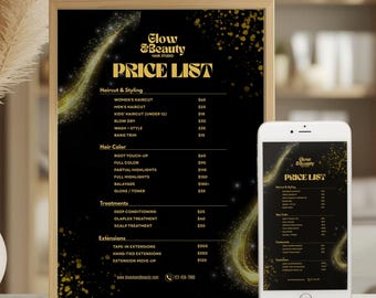 Modello di listino prezzi per parrucchieri di lusso / Menu per parrucchieri in nero e oro / Modello stampabile per salone di bellezza moderno e glamour