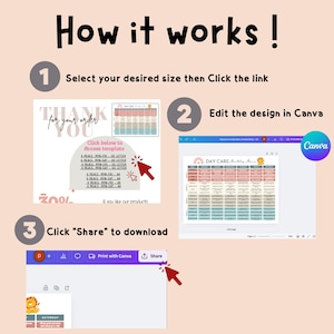 May include: A three-step guide on how to use Canva to create a daycare meal planner. The steps are: 1. Select your desired size then click the link. 2. Edit the design in Canva. 3. Click "Share" to download.