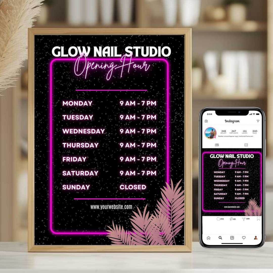 Salon Operating Hours Example Neon Nail Salon Opening Hours Sign Canva Template, Black Pink Business ...