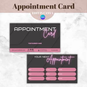May include: Appointment card design with a black and pink color scheme. The card features the text "Appointment Card" in a modern font, with space for business details and appointment scheduling. The design includes the Canva logo.