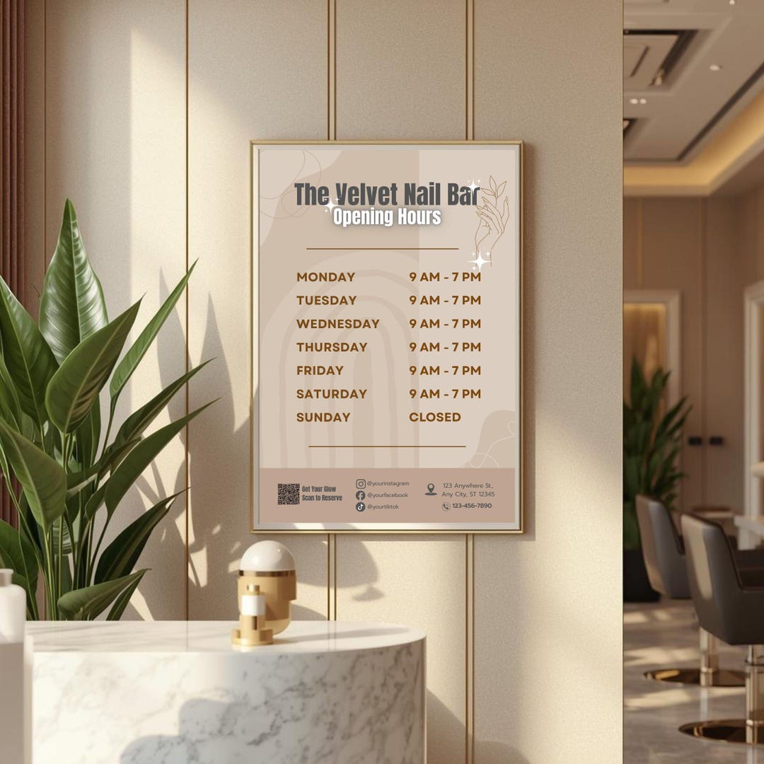 Salon Operating Hours Example Nail Salon Opening Hours Sign Canva Template, Neutral Business Time ...