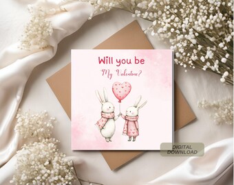 Will You Be My Valentine? Cute Bunny Couple Valentine's Day Card - Romantic Watercolor Love Greeting Card for Valentine's Day Gift