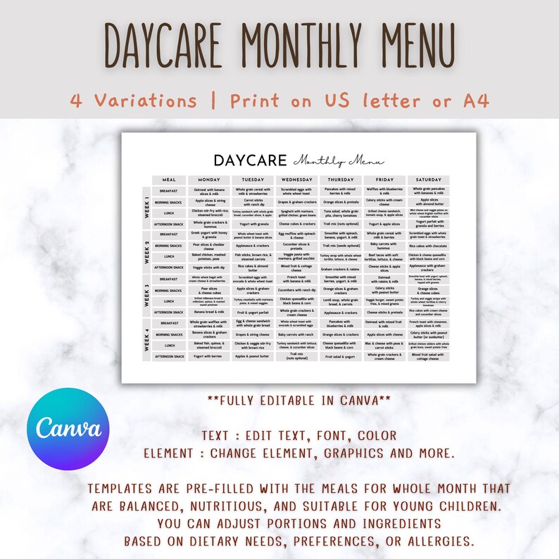 Daycare Monthly Menu Template, Minimalist Theme Printable Meal Planner ...