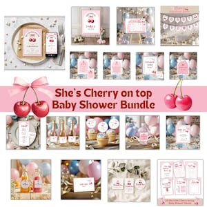 She&#39;s the Cherry on Top Baby Shower Bundle | Cherry Baby Shower Decorations & Games | Printable Canva Template | Girl Baby Shower