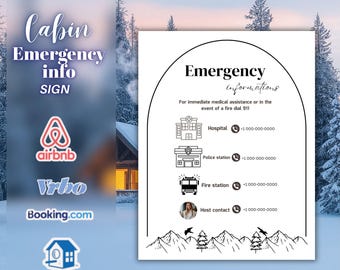 Cabin Emergency Info Sign Template, Airbnb Emergency Contact Sign, Editable Canva Template, Vacation Rental Safety Sign