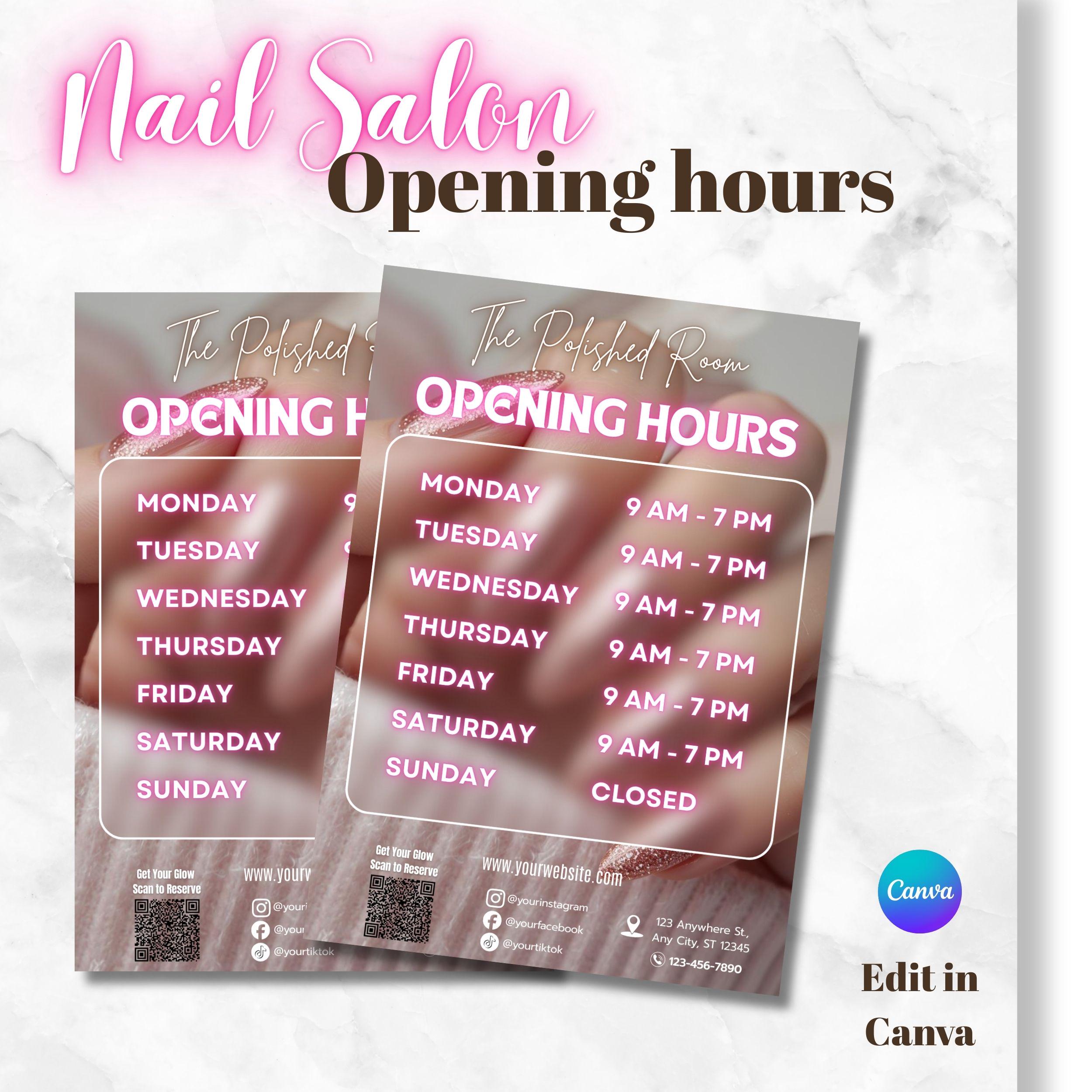 Salon Operating Hours Example Nail Salon Opening Hours Sign Canva Template, Pink Business Time Poster ...