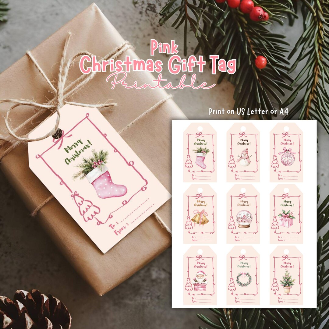 Pink Christmas Gift Tags Printable | Cute Coquette Holiday Tags 2x3.5 ...