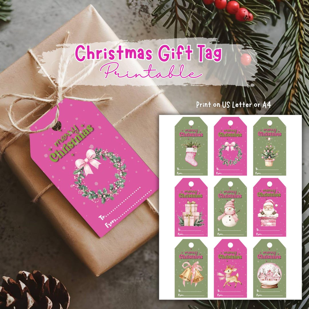 Pink & Green Christmas Gift Tags Printable | Cute Coquette Holiday Tags ...