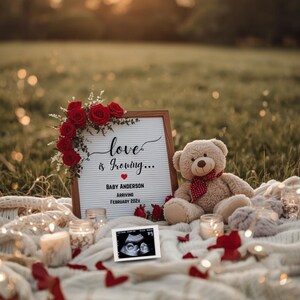 Valentine Pregnancy Announcement Template | Outdoor Baby Reveal Canva Editable | Love Is Growing Digital Download