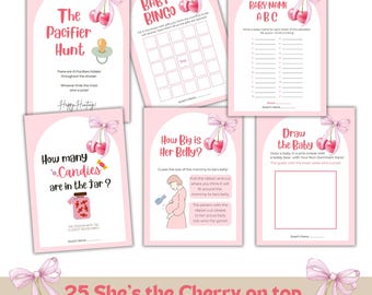 Canvasjabloon Cherry Baby Shower Games | 25 She's the Cherry on Top partygames | Afdrukbare babyshoweractiviteiten | Direct downloaden