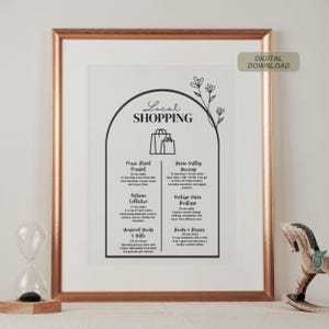 Op de afbeelding: Zwart-witte printbare poster met een grillig boogontwerp met winkelzakken en de tekst "Local Shopping". De poster vermeldt lokale winkels en bedrijven met beschrijvingen en geschatte loop- of rijtijden.
