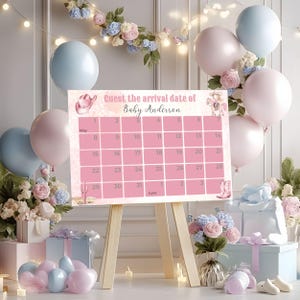 Modèle de toile de calendrier Cowgirl, date d'échéance de naissance, jeu western baby shower, devinez l'anniversaire de bébé, soirée à thème rodéo rose, jeu de pronostics pour bébé