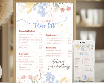 Floral Stylist Menu Template | Editable Canva Price Sheet for Beauty Salon | Hair Salon Price list
