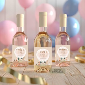 Modello di etichetta per bottiglia di vino per baby shower nel bosco, adesivo per vino per feste nel bosco stampabile, etichetta personalizzata per bottiglia di champagne