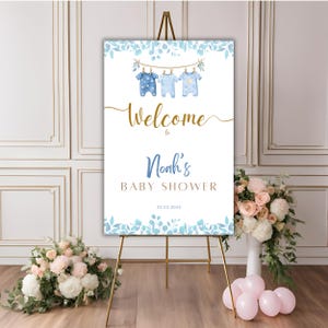 Editable Baby Shower Welcome sign Template, Blue Baby Outfit Theme - Canva Template for Boy Baby Shower, baby shower Welcome sign for boy