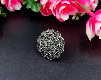 Oxidised Silver Plated Light weight Big Ring Bollywood Ring Adjustable Ring Traditional Ring Statement Ring Mirror Ring