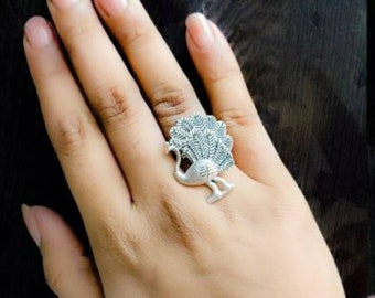 Peacock design Light weight Small Size Ring, silver Plated, Bollywood Ring Adjustable Ring Traditional Ring Statement Ring, gift for her