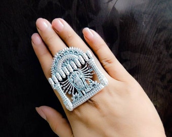 Oxidised Silver Plated Light weight Big Ring Bollywood Ring Adjustable Ring Traditional Ring Statement Ring Mirror Ring