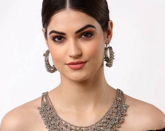 Indiase zilveren geoxideerde ketting set/Indiase vrouwen sieraden set/Boho sieraden/ketting set/cadeau/traditioneel/loops