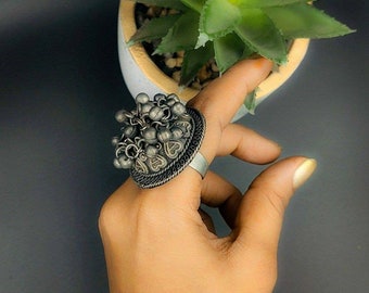 Oxidised Silver Plated Light weight Big Ring Bollywood Ring Adjustable Ring Traditional Ring Statement Ring Mirror Ring ghungroo ring