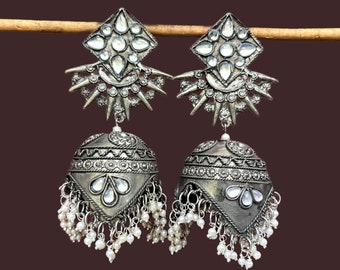 oversized geoxideerde Jhumki, etnische oorbellen, Indiase Jhumka, Indiase sieraden, trending Bollywood oorbellen