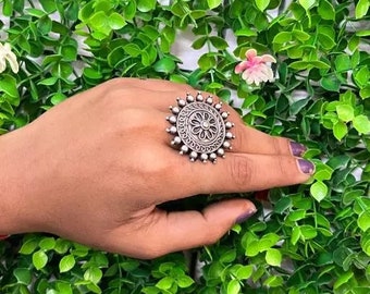 Oxidised Silver Plated Light weight Big Ring Bollywood Ring Adjustable Ring Traditional Ring Statement Ring Mirror Ring