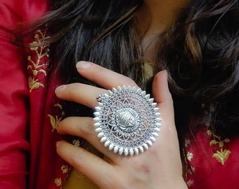 Lord Durga Oxidised Silver Plated Light weight Big Ring Bollywood Ring Adjustable Ring Traditional Ring Statement Ring Lord Durga Ring.