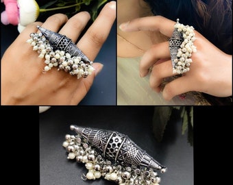 Light weight Oxidised Silver Plated Light weight Big Ring Bollywood Ring Adjustable Ring Traditional Ring Statement ring