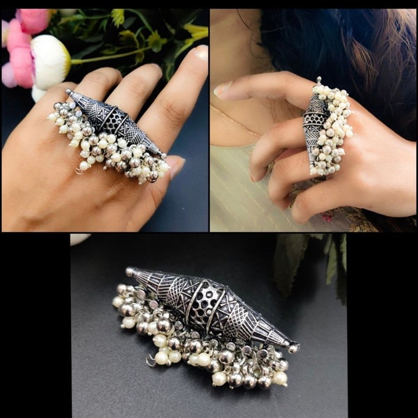 Light weight Oxidised Silver Plated Light weight Big Ring Bollywood Ring Adjustable Ring Traditional Ring Statement ring